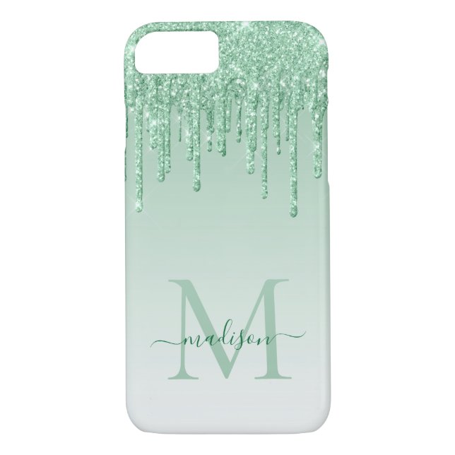 Mint Green Glitter Drips Sparkle Monogram Script Case-Mate iPhone Case (Back)