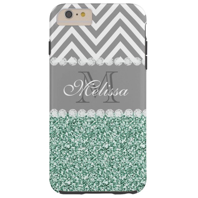 MINT GREEN GLITTER, GRAY CHEVRON, MONOGRAMMED Case-Mate iPhone CASE (Back)