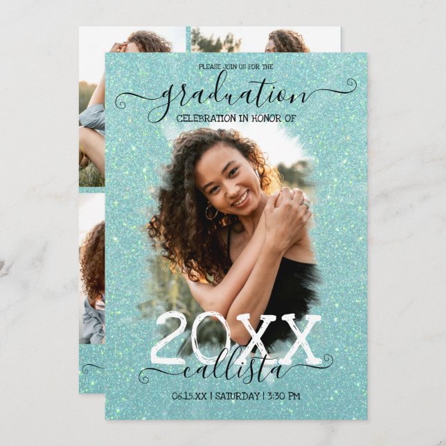 Mint Green Glitter Halo Photo Collage Graduation Invitation (Front/Back)