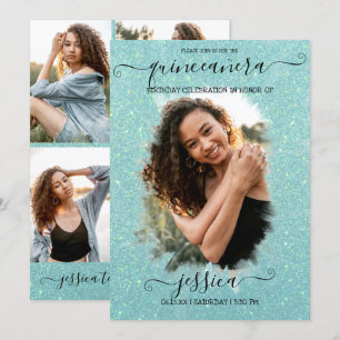 Mint Green Glitter Halo Photo Collage Quinceañera Invitation