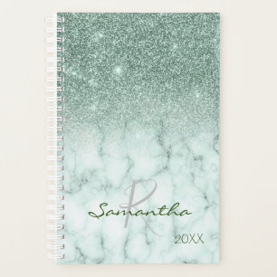 Mint Green Glitter Ombre Marble Yearly Monogram Planner