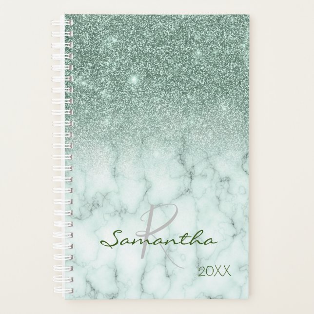 Mint Green Glitter Ombre Marble Yearly Monogram Planner (Front)