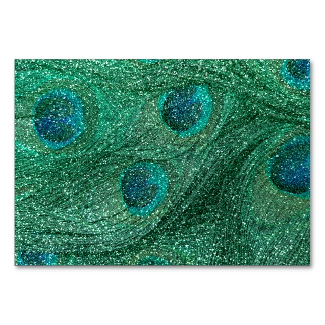 mint green glitter peacock feathers table number (Front)