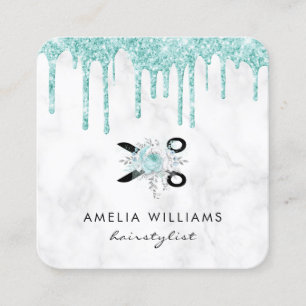 Mint green glitter scissors floral hairstylist square business card