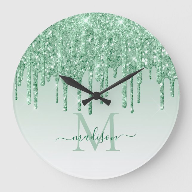Mint Green Glitter Sparkle Glam Dripping Monogram Large Clock (Front)