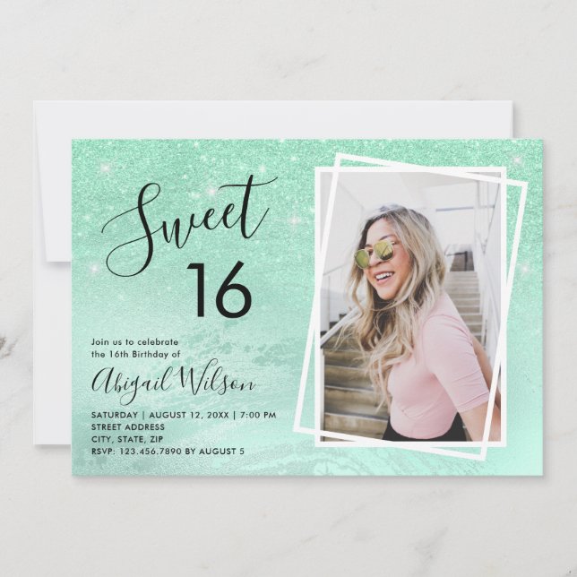 Mint green glitter sweet sixteen birthday party invitation (Front)