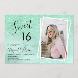Mint green glitter sweet sixteen birthday party invitation