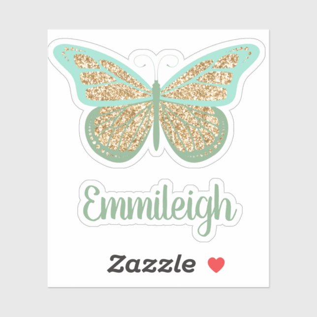 Mint Green Glittery Gold Butterfly Name (Sheet)