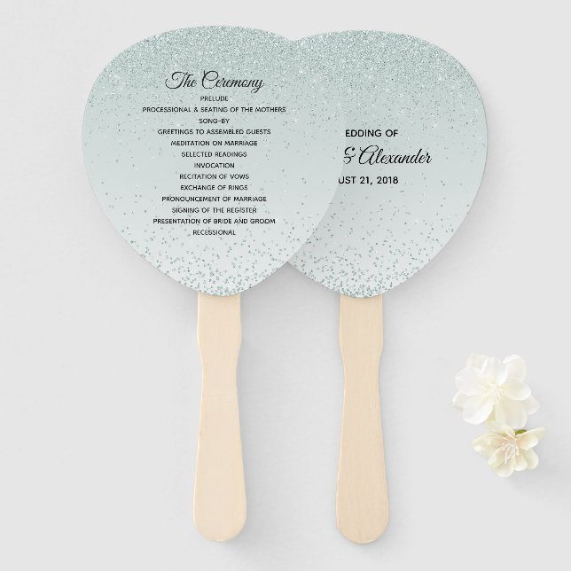 Mint Green Glittery Wedding Program Fan (Front and Back)