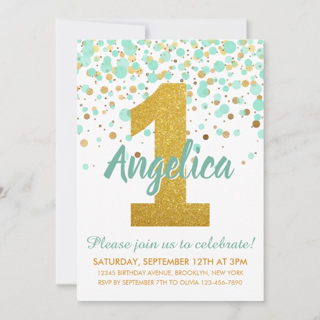 Mint Green Gold 1st Birthday Confetti Birthday Invitation (Front)