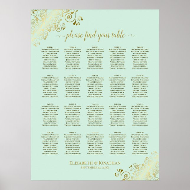 Mint Green & Gold 20 Table Wedding Seating Chart (Front)
