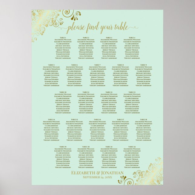 Mint Green & Gold 22 Table Wedding Seating Chart (Front)