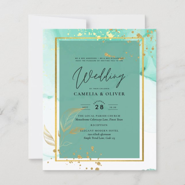 Mint Green Gold Alcohol Ink Abstract Wedding (Front)