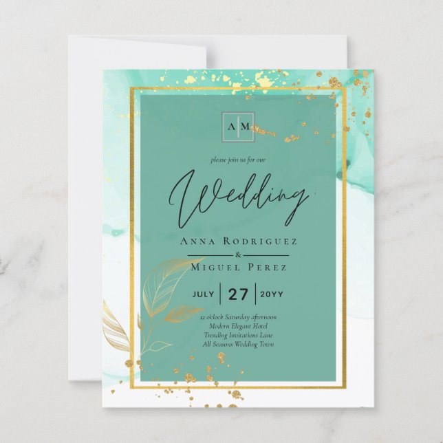 Mint Green Gold Alcohol Ink Abstract Wedding (Front)