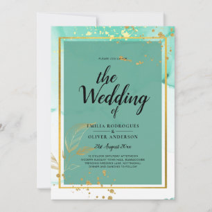 Mint Green Gold Alcohol Ink Abstract Wedding Invitation