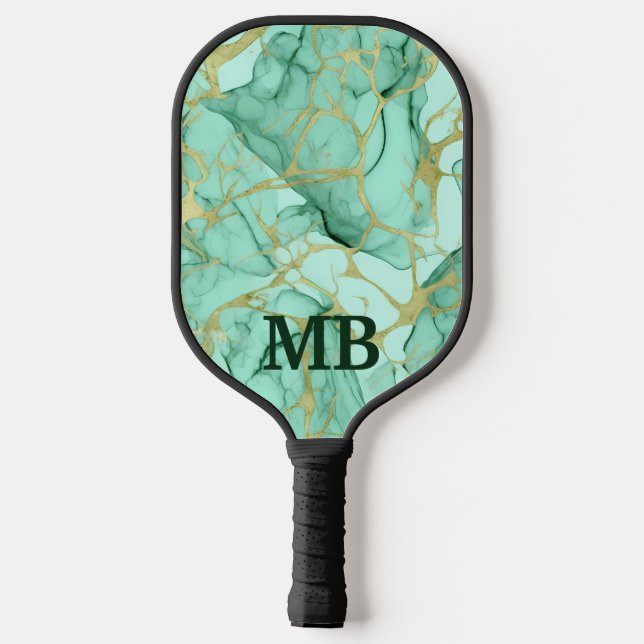 Mint Green Gold Alcohol Ink Marble Monogram Pickleball Paddle (Back)