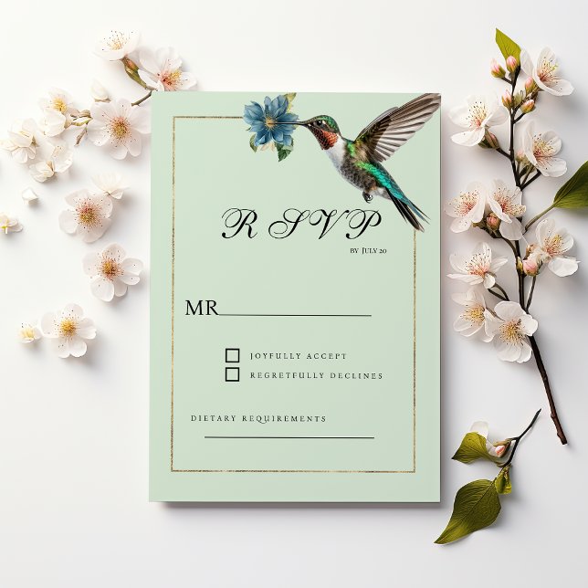 Mint green gold colourful hummingbird RSVP Invitation (Mint green gold colorful hummingbird RSVP)