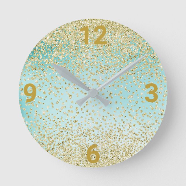 Mint Green Gold Crystal Modern Wall Clock (Front)