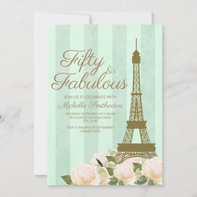 Mint Green Gold Eiffel Tower 50th Birthday Invitation (Front)