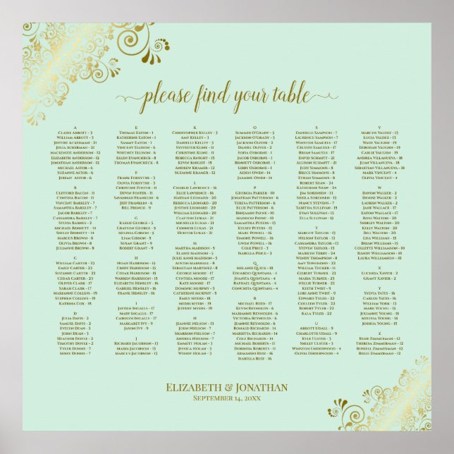Mint Green & Gold Fancy Alphabetical Seating Chart (Front)