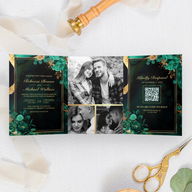Mint Green Gold Floral Marble QR Code Wedding Tri-Fold Invitation (Creator Uploaded)