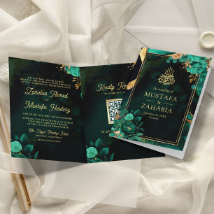 Mint Green Gold Floral QR Code Muslim Wedding Invitation
