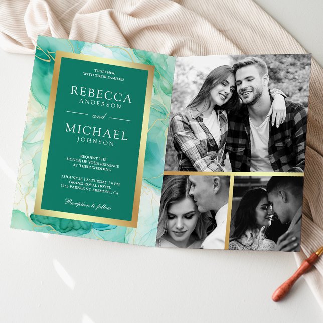 Mint Green Gold Fluid Ink QR Code Wedding Invitation (Creator Uploaded)