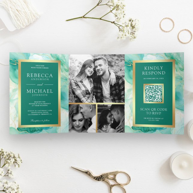 Mint Green Gold Fluid Ink QR Code Wedding Tri-Fold Invitation (Creator Uploaded)