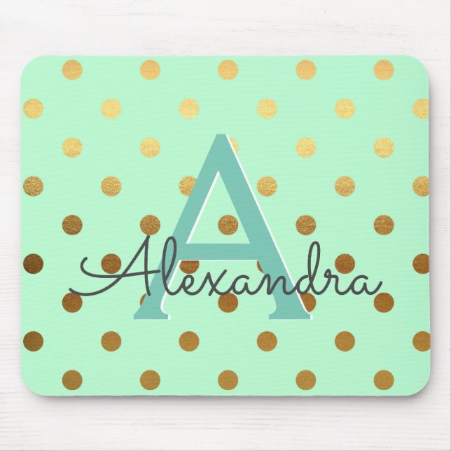 Mint Green & Gold Foil Polka Dots Monogram Name Mouse Pad (Front)
