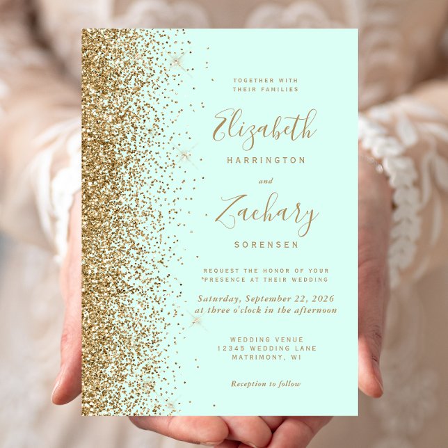 Mint Green Gold Glitter Wedding Invitation (Creator Uploaded)