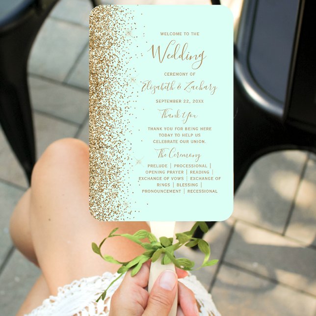 Mint Green Gold Glitter Wedding Program Hand Fan (Creator Uploaded)