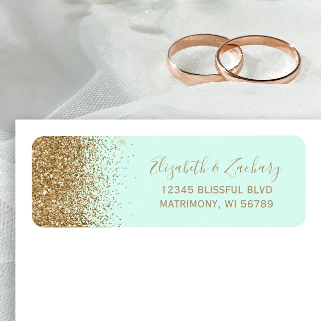 Mint Green Gold Glitter Wedding Return Address Label (Creator Uploaded)