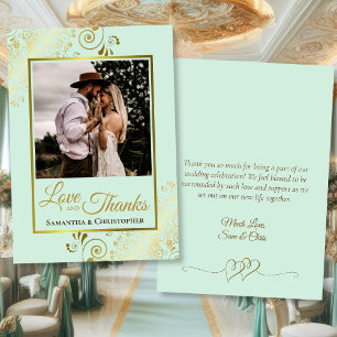 Mint Green & Gold Love & Thanks Photo Note Wedding Thank You Card