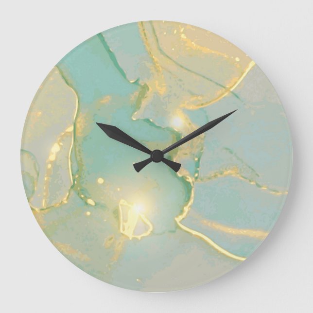Mint Green Gold Marble: Textured Large Clock (Front)