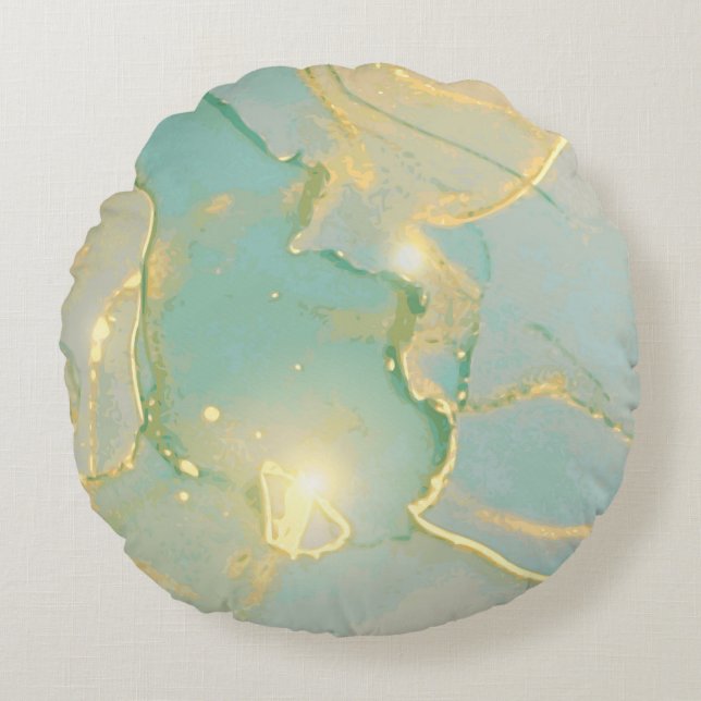 Mint Green Gold Marble: Textured Round Cushion (Front)