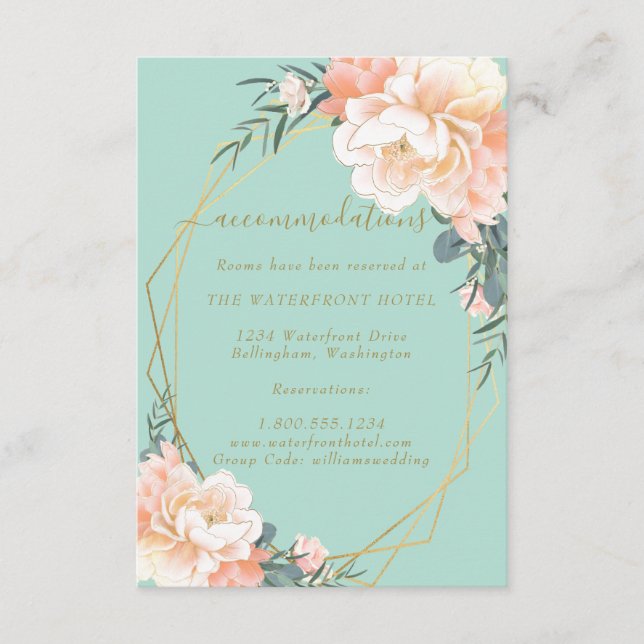 Mint Green Gold Peach Floral Wedding Accommodation Enclosure Card (Front)