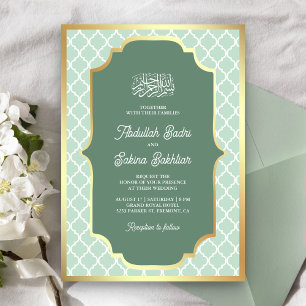 Mint Green Gold Quatrefoil Pattern Muslim Wedding Invitation