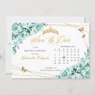 Mint Green & Gold Quinceañera Save The Date Invitation
