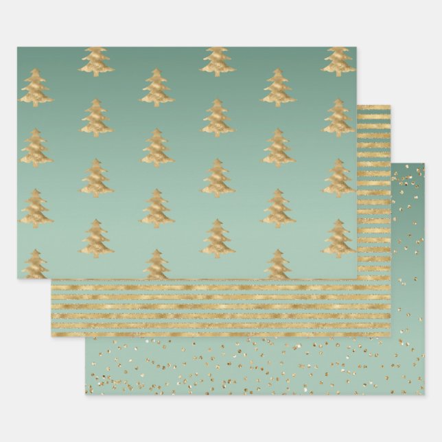 Mint Green Gold Stripes Christmas Trees Confetti Wrapping Paper Sheet (Set)