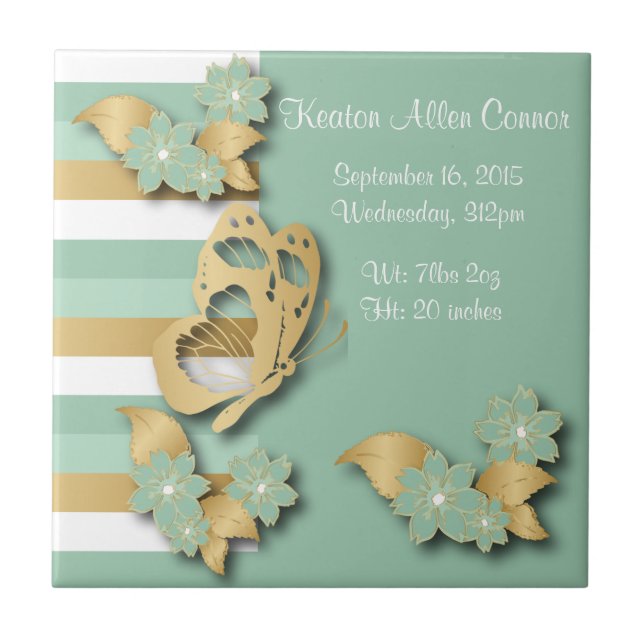 Mint Green & Gold Stripes with Butterfly for Baby Ceramic Tile (Front)