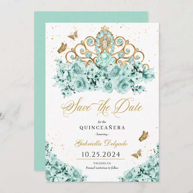 Mint Green & Gold Tiara Save The Date Quinceañera Invitation (Front/Back)