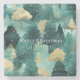 Mint Green Gold Trees Christmas Stone Coaster