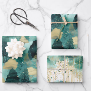Mint Green Gold Trees Christmas Wrapping Paper Sheet