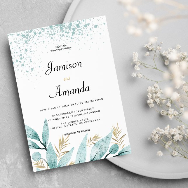 Mint green gold watercolor foliage Wedding Invitation (Mint green gold watercolor foliage Wedding )