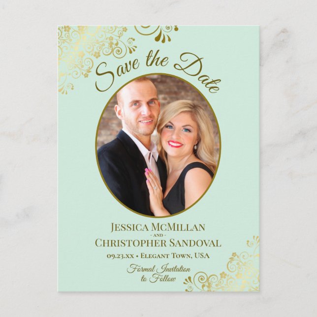 Mint Green & Gold Wedding Save the Date Oval Photo Announcement Postcard (Front)