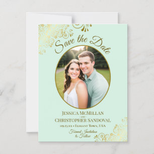 Mint Green & Gold Wedding Save the Date Oval Photo Magnetic Invitation