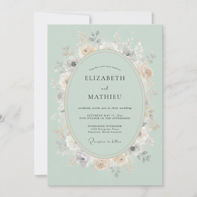 Mint Green Graceful Blossom Wedding Invitation (Front)