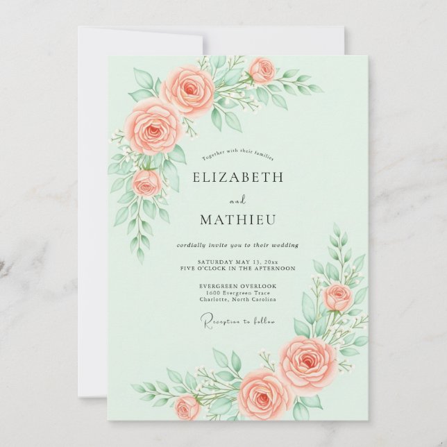 Mint Green Graceful Rose Wedding Invitation (Front)