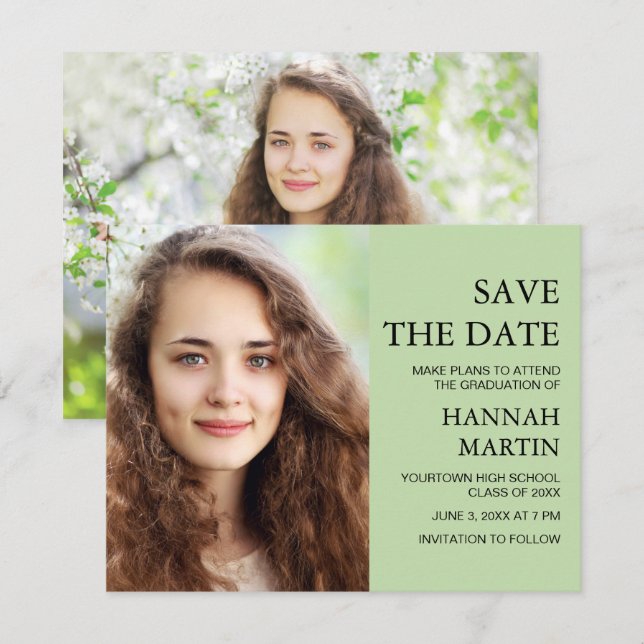 Mint Green Graduation 2 Photo Save Date (Front/Back)
