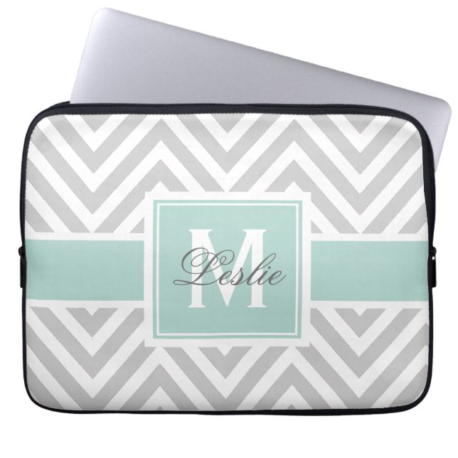 MINT GREEN, GRAY CHEVRON PATTERN PERSONALIZED LAPTOP SLEEVE (Front)